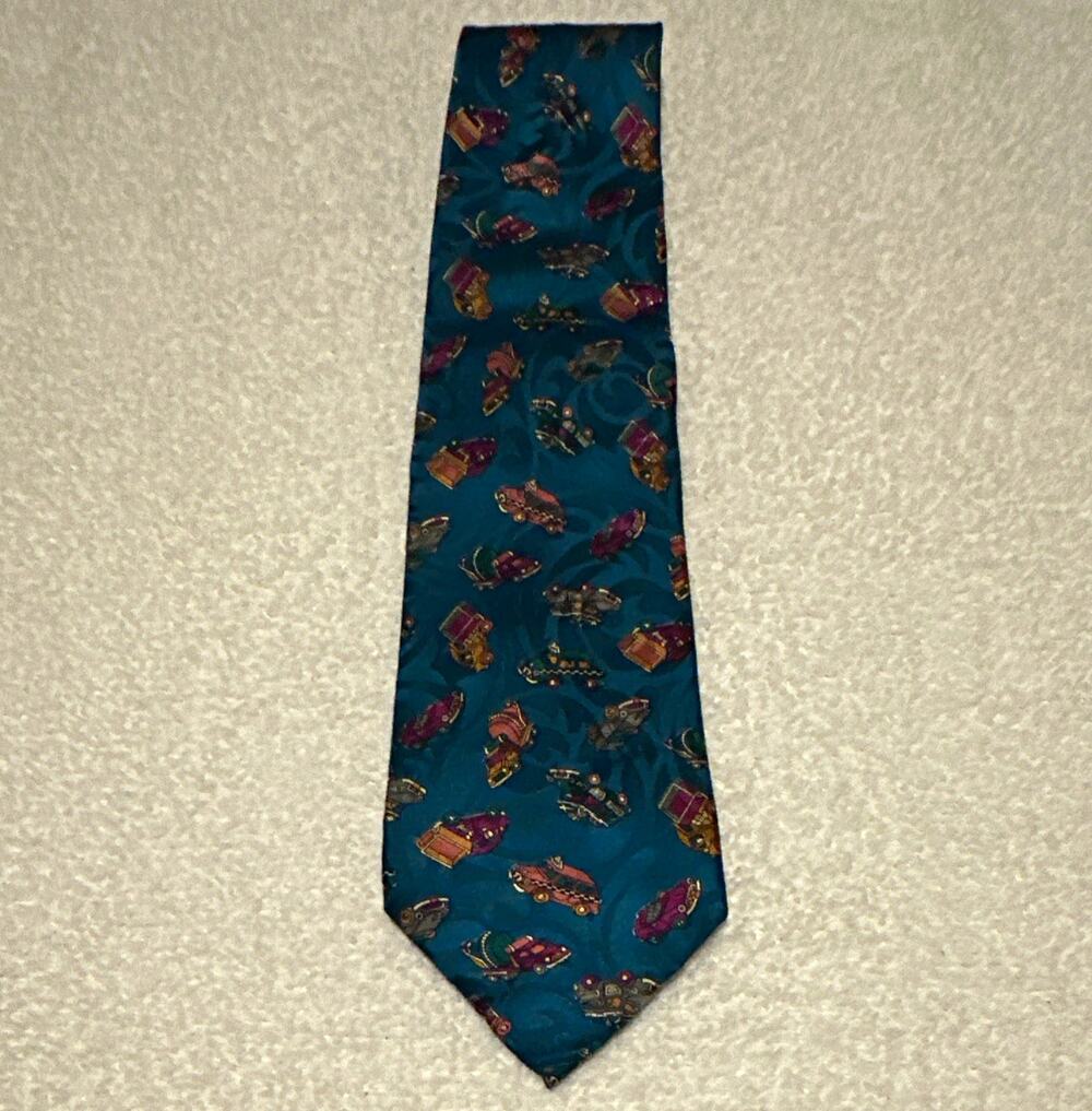 Maga Men’s 100% Silk Woven Pointed Tie, Novelty Cars Print Blue